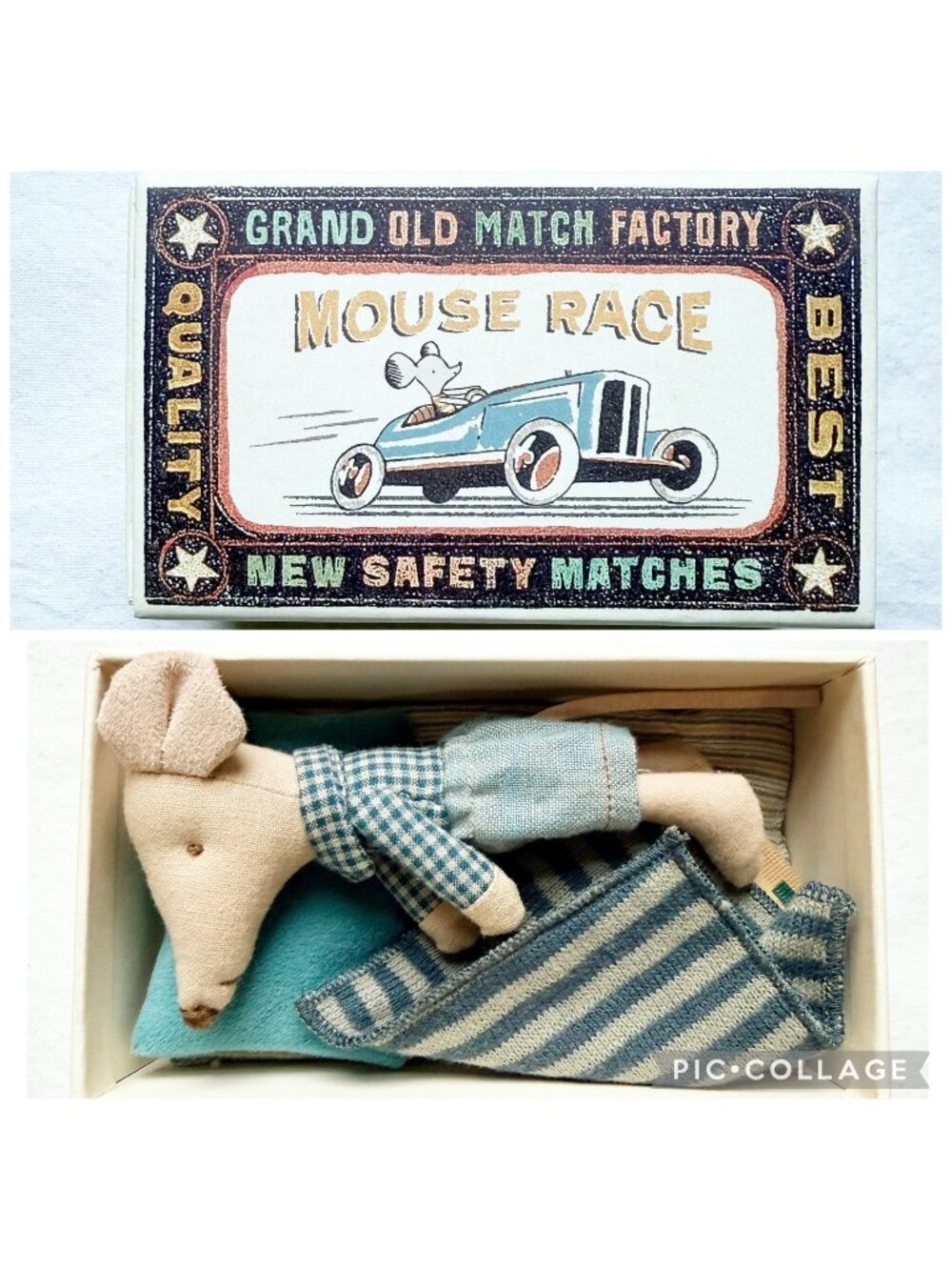 NEW Maileg Little Brother Mouse In Matchbox With Bedding Set Blue Green